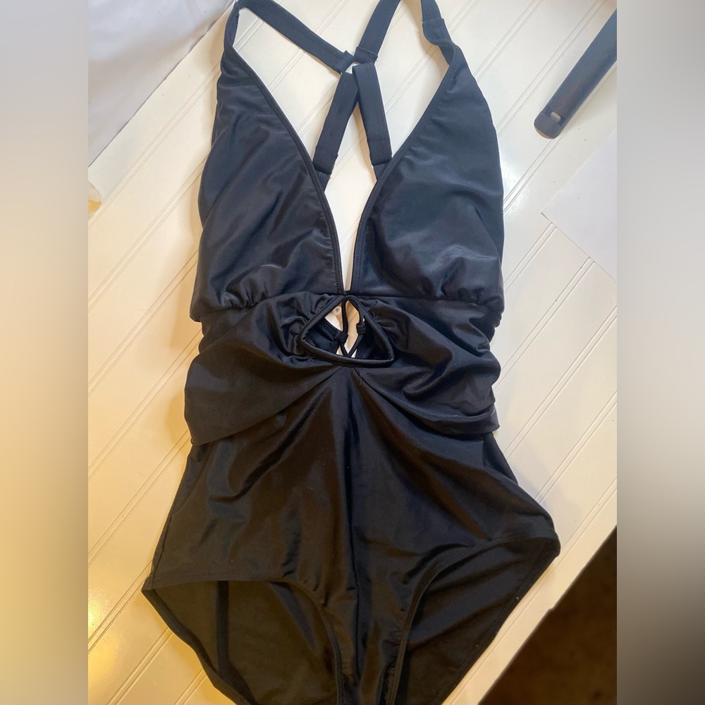 Black One-Piece Swimsuit with Plunge Neck and Cutout